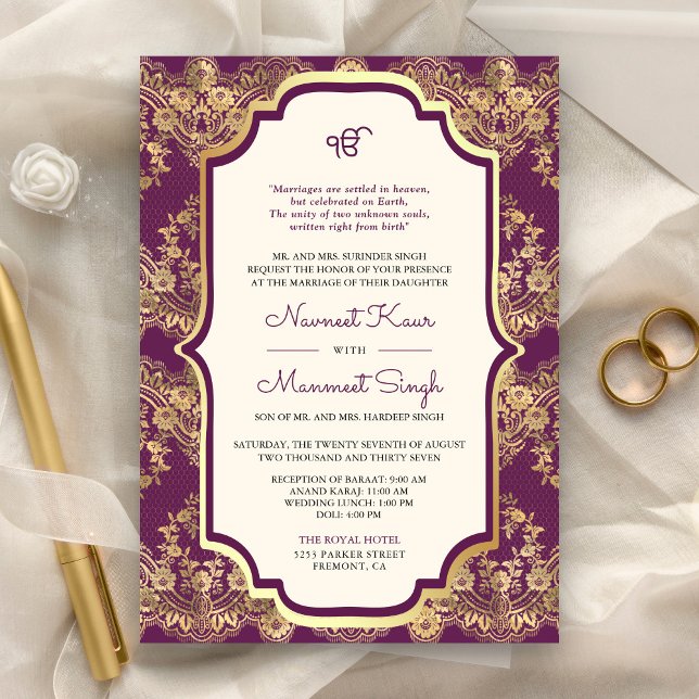 Lila Gold Lace QR Code Anand Karaj Sikh Wedding Einladung (Von Creator hochgeladen)