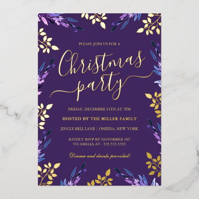 Lila Gold-Leaf-Party Folieneinladung (Vorderseite)