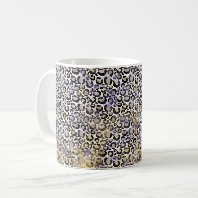 Lila Gold Leopard Print Kaffeetasse (Vorderseite Links)