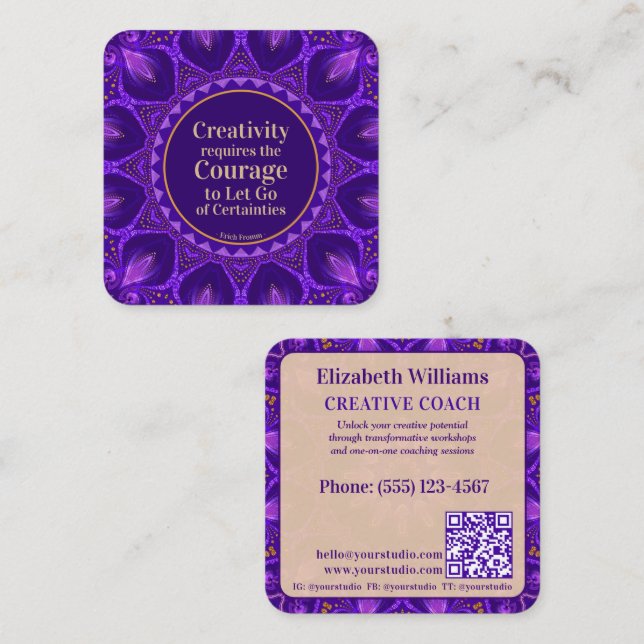 Lila Gold Mandala Creative Coach mit QR Code Quadratische Visitenkarte (Vorne/Hinten)