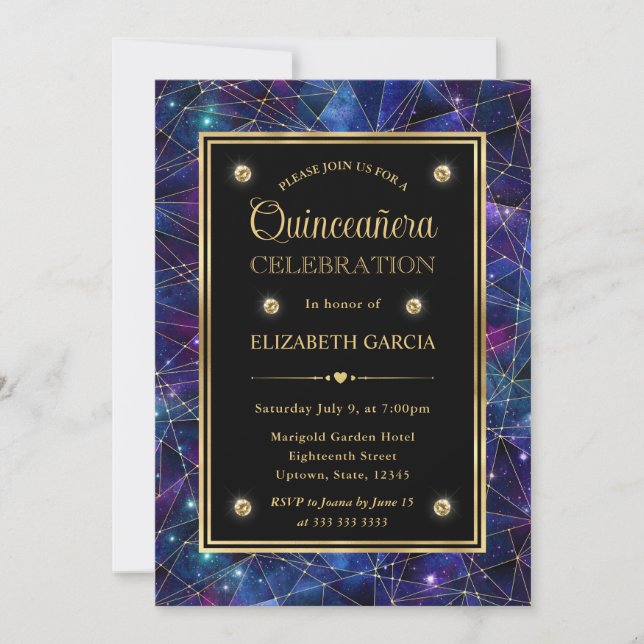 Lila & Gold Midnight Crystal Galaxy Quinceanera Einladung (Vorderseite)