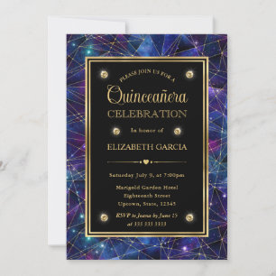 Lila & Gold Midnight Crystal Galaxy Quinceanera Einladung