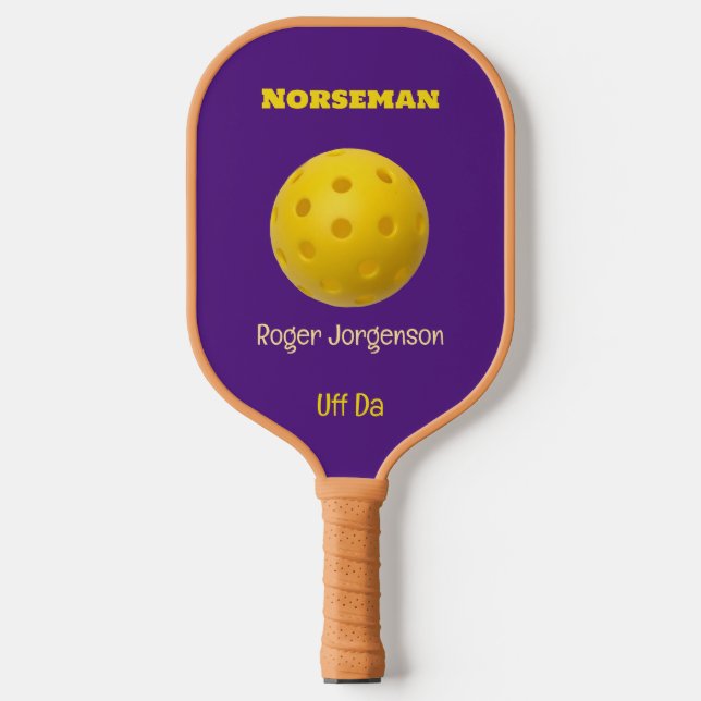 Lila Gold Norseman Custom Uff Da Pickleball Schläger (Vorderseite)