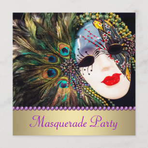 Lila Gold Peacock Feather Masquera Party Einladung