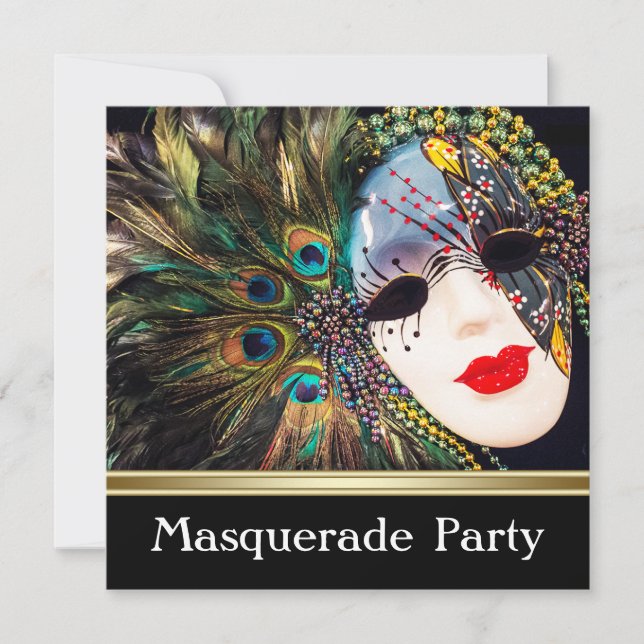 Lila Gold Peacock Feather Masquera Party Einladung (Vorderseite)