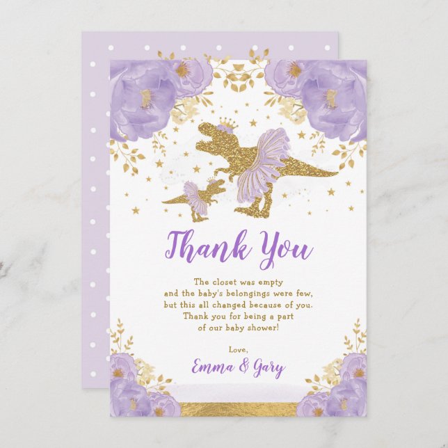 Lila Gold Princess Dinosaur Tutu Tiara Baby Girl Dankeskarte (Vorne/Hinten)