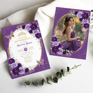 Lila Gold Quinceañera Blume Schmetterling Foto Einladung