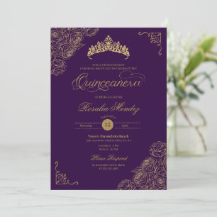 Lila & Gold Rose Elegante Quinceñera Einladung