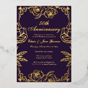 Lila Gold Rose Garden 50. Hochzeitstag Folieneinladung