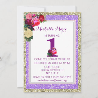 Lila Gold Rose Imitats Glitzer Erster Geburtstag Einladung