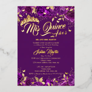 Lila Gold Rose Mis Quince Quinceanera Folieneinladung