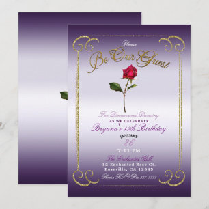 Lila & Gold Rote Rose Beauty Geburtstagsparty Einladung