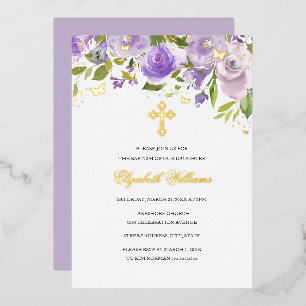 Lila Gold Schmetterling Florales Mädchen Taufkleid Folieneinladung