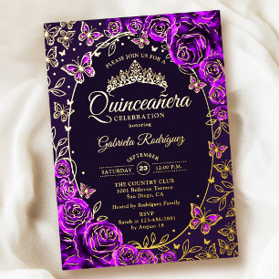 Lila Gold Schmetterlinge Rosen Quinceanera Folieneinladung