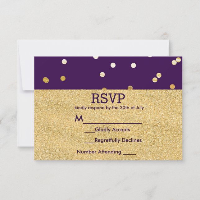 Lila & Gold Shiny Confetti Dots Chic Modern UAWG RSVP Karte (Vorderseite)