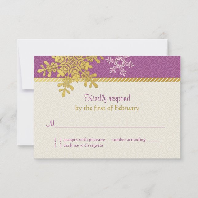 Lila Gold Snowflake Winter Wedding Repair Card RSVP Karte (Vorderseite)
