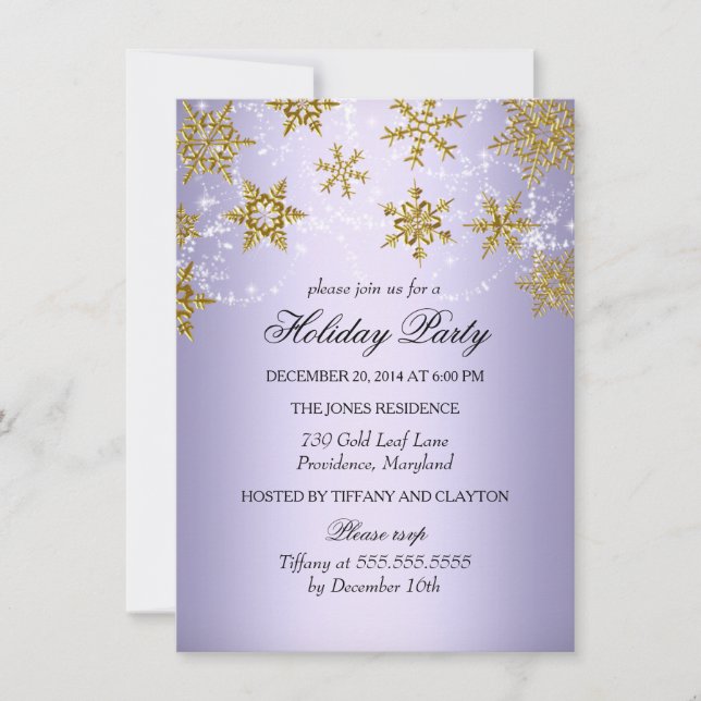 Lila & Gold Snowflakes Weihnachtsfeier Einladung (Vorderseite)