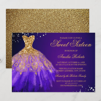 Lila Gold Sparkle Dress 16 . Geburtstag Einladung