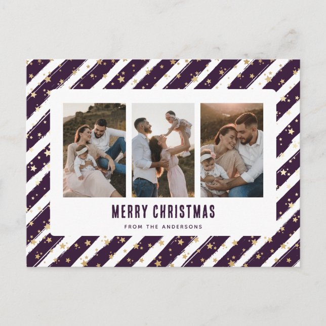 Lila Gold Stars 3 Foto Frohe Weihnachten (Vorderseite)