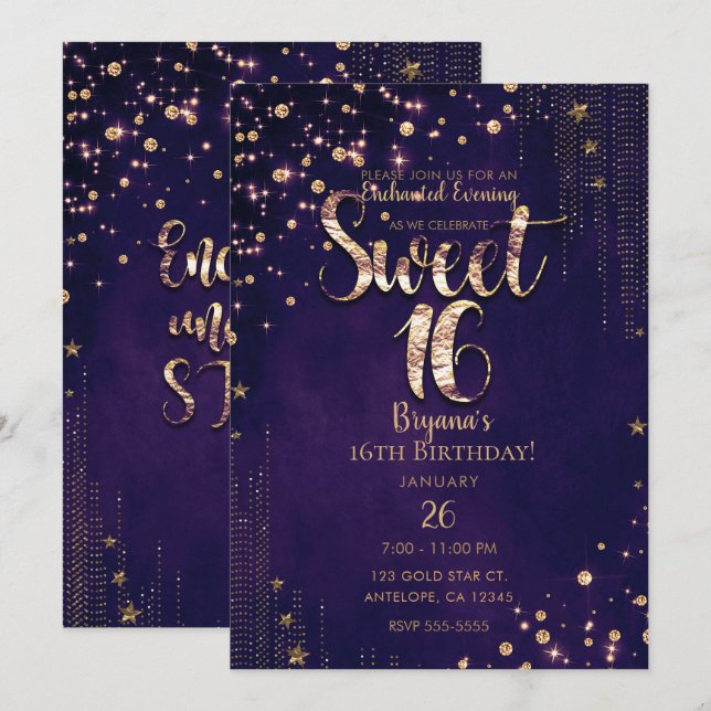 Lila & Gold Sweet 16 Whimsical Stars Party Einladung (Vorne/Hinten)