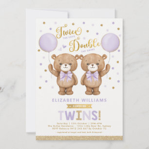 Lila Gold Teddybär-Ballon-Zwillinge-Baby-Party Einladung