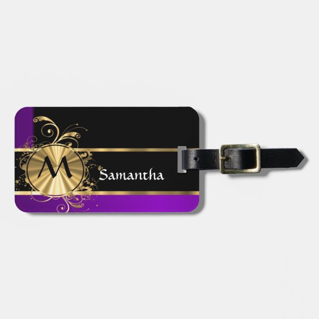 Lila Gold und schwarzes Monogramm Gepäckanhänger (Vorderseite horizontal)