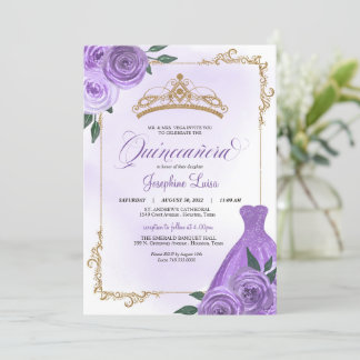 Lila Gold und Weiße Flora Tiara Quinceañera Einladung