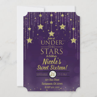 Lila & Gold unter den Sternen Starry Sweet 16 Einladung