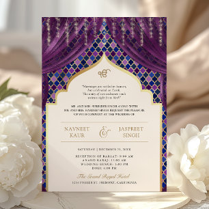 Lila Gold Vierblatt QR Code Sikh-Hochzeit Einladung