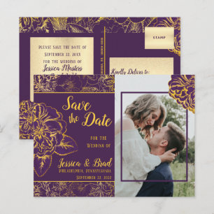 Lila   Gold Vintages florales Foto Save the Date Ankündigungspostkarte