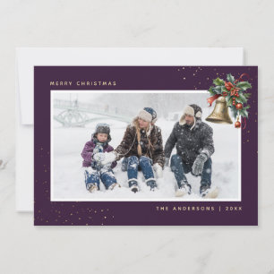 Lila Gold Watercolor Holly Bell Foto Feiertagskarte