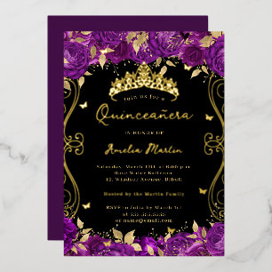 Lila Gold Wirbel Schriftrolle Floral Quinceanera Folieneinladung