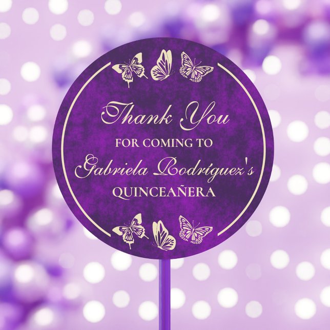 Lila Goldbarren 15 Jahre alt Quinceañera Runder Aufkleber (Purple Gold Butterflies 15 Years Old Quinceañera Classic Round Sticker)