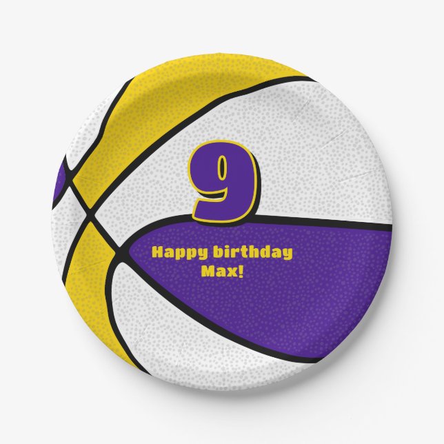 lila Goldbasketballmannschaft farbenfrohe Party Pappteller (Vorderseite)