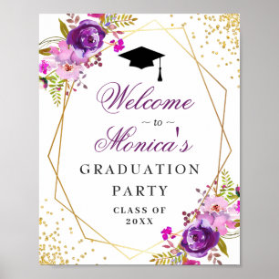 Lila Golden Floral Welcome Graduation Party Poster