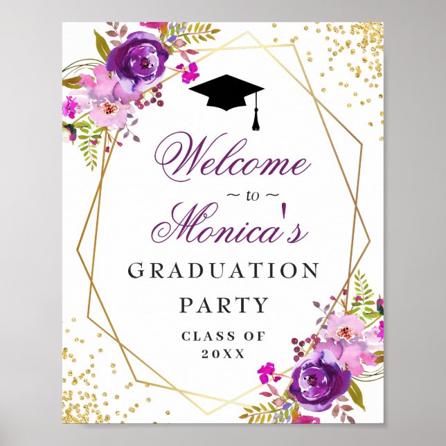 Lila Golden Floral Welcome Graduation Party Poster (Vorne)