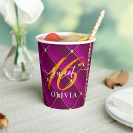 Lila Golden Sweet 16 Paper Cups Pappbecher