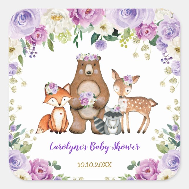Lila Golden Woodland Baby Shower Forest Animals Quadratischer Aufkleber (Vorderseite)