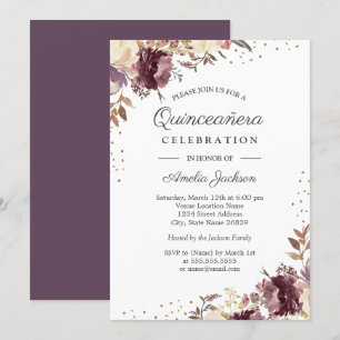 Lila Goldene Blumen-Aquarell-Quinceanera-Einladung Einladung