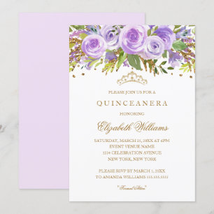 Lila Goldene Blumen-Rosen-Quinceanera-Einladung Einladung