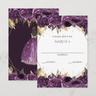 Lila Goldene Blumenprinzessin Quinceanera RSVP Karte