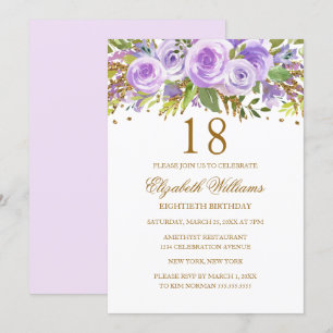 Lila Goldene Blumenrose 18. Geburtstag Einladung