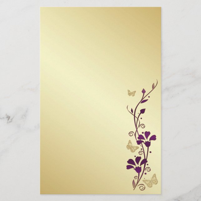 Lila, goldene Blumenschmetterlinge Hochzeitsgeschi Briefpapier (Vorderseite)