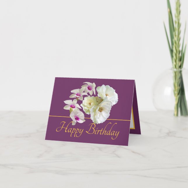 Lila Goldene Bouquet Orchids Rose Gerne zum Geburt Karte (Vorderseite)