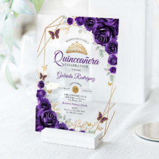 Lila Goldene Florale Quinceanera Acryleinladungen