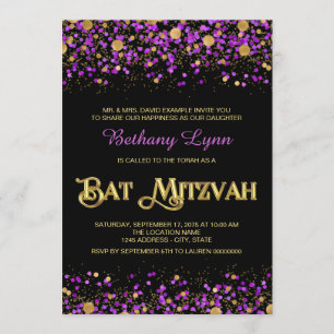 Lila-goldene Glitter Bat Mitzvah Einladung