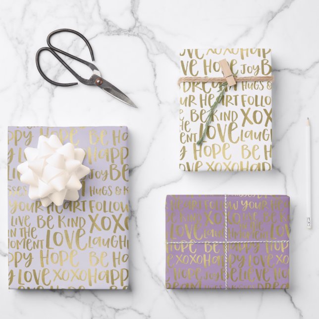 Lila goldene inspirierende Wörter Geschenkpapier Set (Vorderseite)