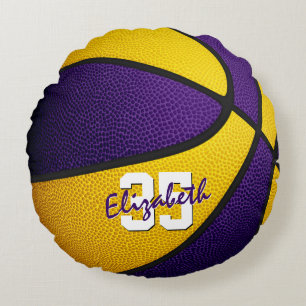 lila goldene Mannschaftsfarben Mädchen Basketball- Rundes Kissen
