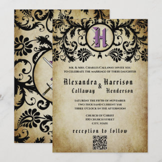 Lila & Goldene Mittelalterliche Damast-Hochzeit  Einladung