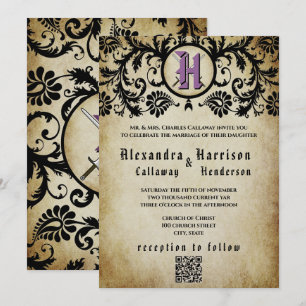 Lila & Goldene Mittelalterliche Hochzeit im Damast Einladung